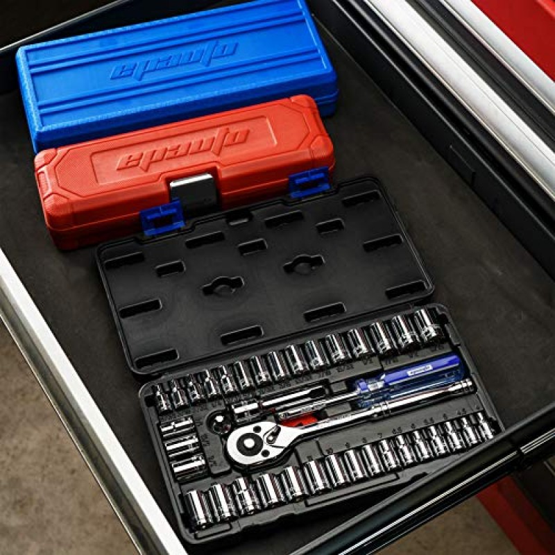 EPAuto 40피스 1/4인치 및 3/8인치 드라이브 소켓 세트(72개 톱니 양면 래칫 포함)