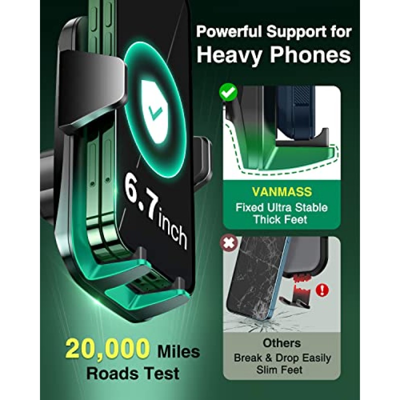 VANMASS 2023 최신 차량용 휴대폰 홀더 [가장 강력한 흡입 및 클립] 대시보드 앞 유리 벤트 트럭 크래들 대시 스탠드 호환 iPhone 14 Pro Max 13 12 Android, Green용 군용 휴대폰 마운트