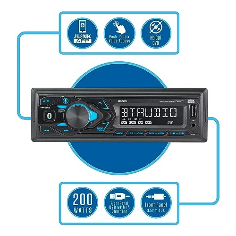 JENSEN MPR210 7 문자 LCD 단일 DIN 자동차 스테레오 라디오 | 푸시로 토크 어시스턴트 | Bluetooth 핸즈프리 통화 및 음악 스트리밍 | AM/FM 라디오 | USB 재생 및 충전 | CD 플레이어가 아닙니다.
