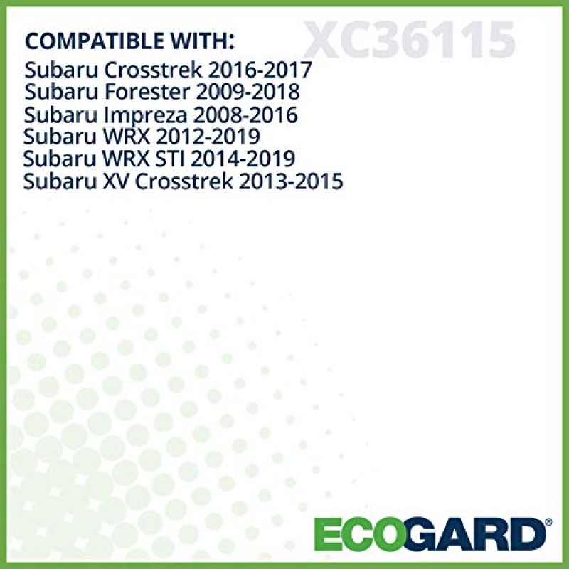 ECOGARD XC36115 프리미엄 캐빈 필터는 Subaru Forester 2009-2018, Impreza 2008-2016, XV Crosstrek 2013-2015, Crosstrek 2016-2017, WRX 2012-2019, WRX STI 2014-2019에 적합합니다.