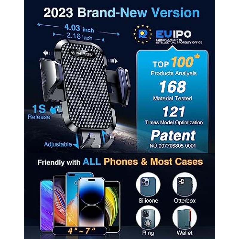 [진정한 군용 등급] 차량용 폰 홀더 VANMASS [2023년 최강 흡입력 및 클립] 대시보드 앞 유리 벤트 트럭 액세서리용 휴대폰 마운트 iPhone 14 Pro Max 13 12 11 Android용 크래들 대시 스탠드