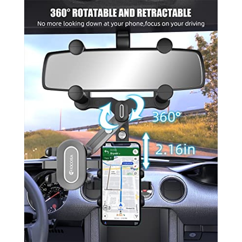 차량용 스마트폰 마운트, 대형 후면 거울 사용 가능, 스마트폰 홀더 보기, 업그레이드된 4개 클립 더 안정적, 360° 회전 및 접이식 모든 휴대폰에 적합하고 더 큰 차량에 적합합니다.