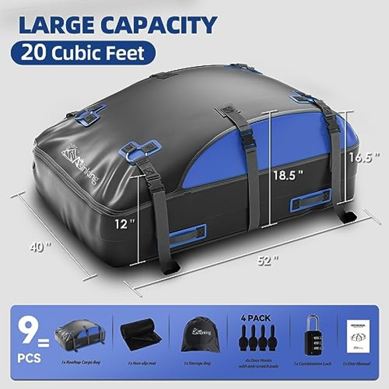 자동차 옥상 카고 캐리어 백 20 입방 피트, 랙 크로스 바가 있거나 없는 모든 차량용 100% 방수 루프 백 상단 수하물 캐리어, 미끄럼 방지 매트 + 도어 후크 4 개 + 보관 가방 + 잠금 장치 포함