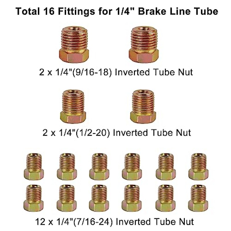 도구 키트가 포함된 MuHize 브레이크 라인 키트 - 25 Ft. 3/16 및 1/4 구리 코팅 브레이크 라인 키트(피팅 32개 및 유니온 8개 포함), 이중 플레어 도구 세트(어댑터 5개 포함) 및 튜브 커터 포함