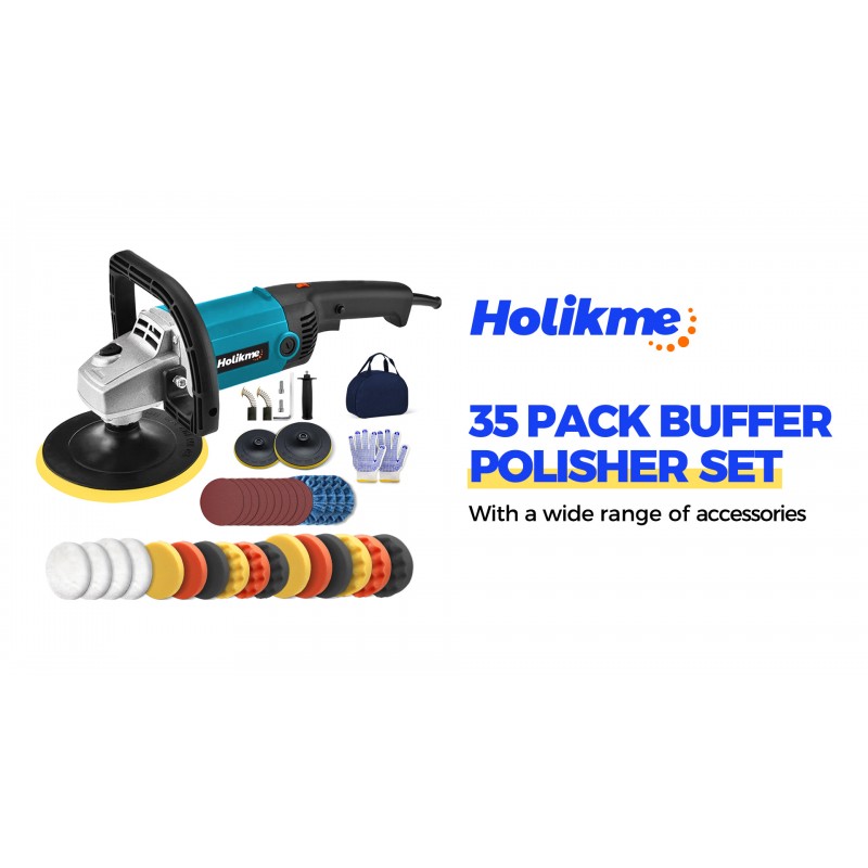 Holikme 35Pack 버퍼 폴리셔, 110V 1600W 6 인치/5 인치 로터리 버퍼 폴리셔 왁스, 자동차 폴리셔, 6 가변 속도, 3000 RPM, 파란색