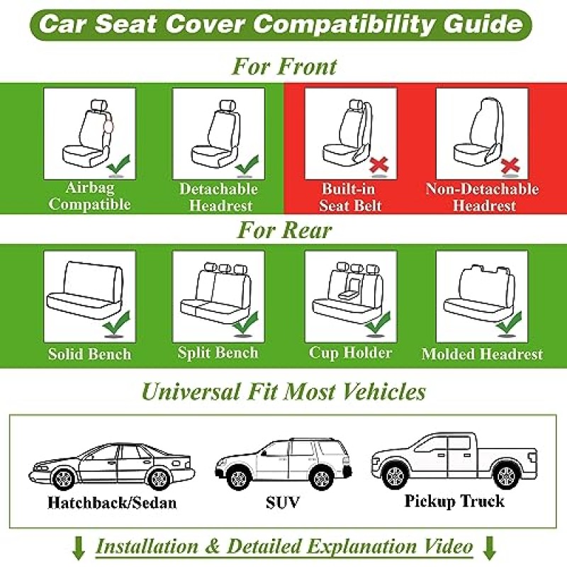 OASIS AUTO 카시트 커버 액세서리 풀 세트 프리미엄 나파 가죽 쿠션 보호대 대부분의 차량에 적합한 유니버설 SUV 픽업 트럭, 자동차 차량용 인테리어 데코 (OD-006 블랙)