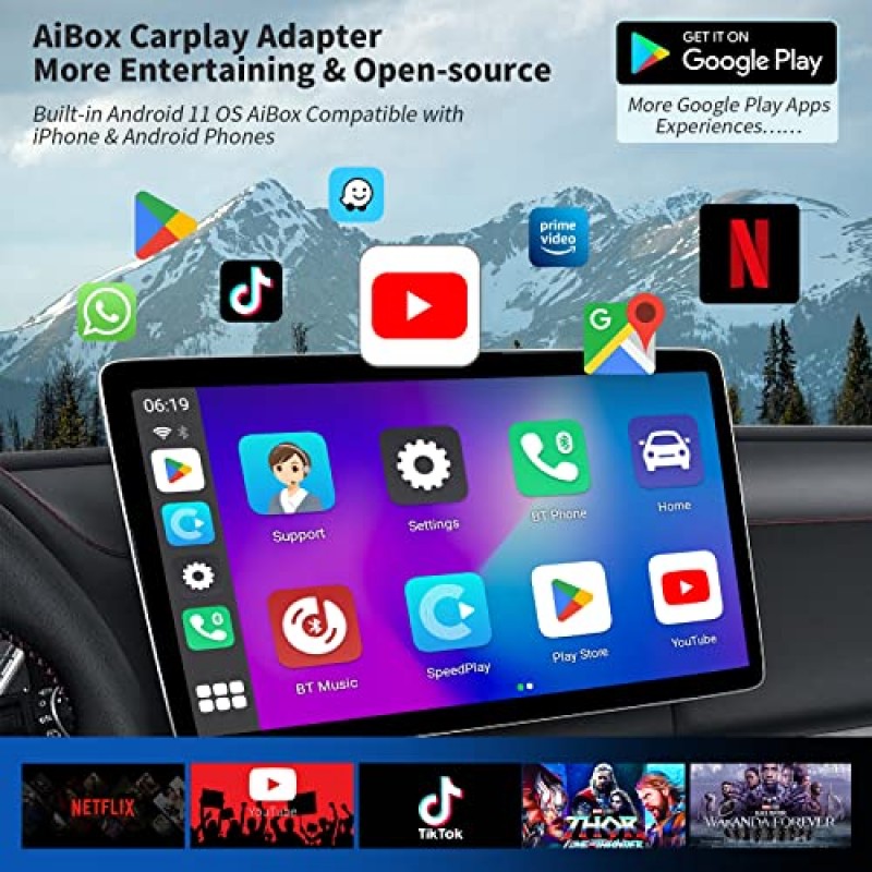 Netflix/YouTube가 포함된 LERANDA 무선 Carplay 어댑터, OEM 유선 CarPlay 자동차용 3 in 1 무선 Android 자동 어댑터, Carplay Ai Box 지원 멀티미디어 Google Play/Android 11/TF 카드/플러그 앤 플레이