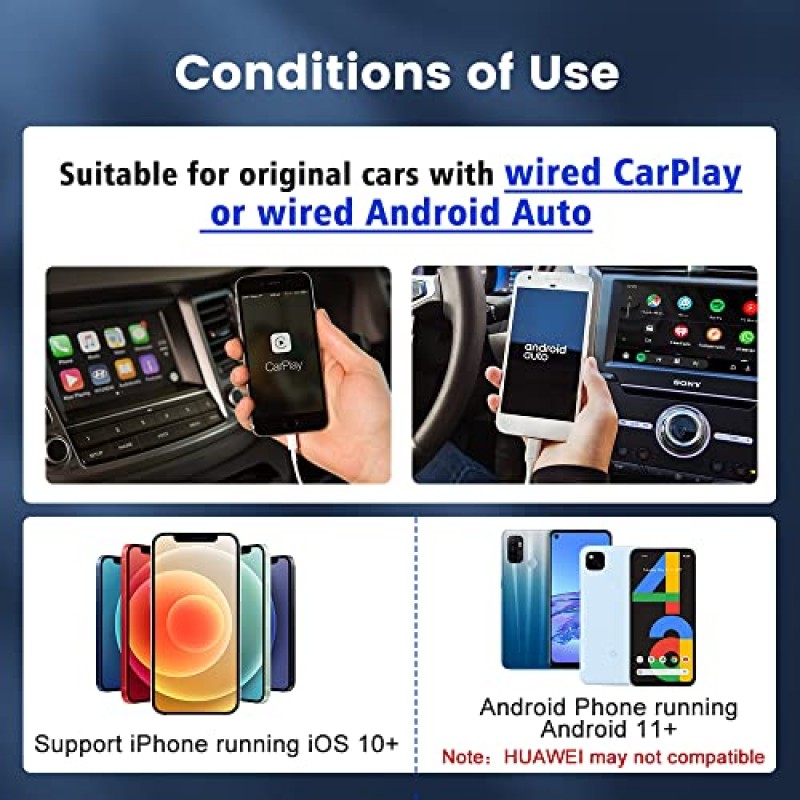 CarlinKit 5.0 어댑터 - 무선 CarPlay 및 Android Auto 어댑터에 유선 연결, 온라인 업데이트, 2채널 연결, 플러그 앤 플러그, 2015년부터 OEM 유선 CarPlay 및 Android Auto를 사용하는 차량용 10s 자동 연결