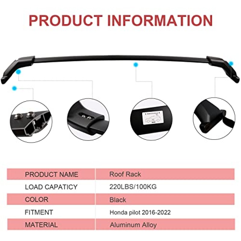 혼다 파일럿 2016-2022 용 헤비 듀티 220lbs 루프 랙 크로스 바, 옥상 카고 바구니 캐리어 가방 수하물 레일 카약 카누 스노우 보드 스키 보드 자전거 용 알루미늄 루프 레일 크로스바