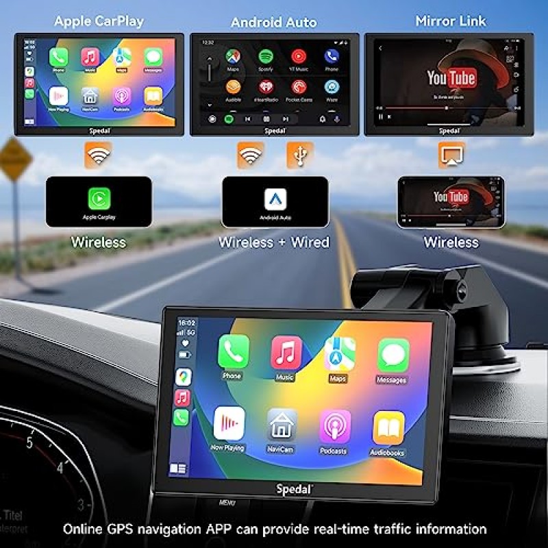 Spedal 9인치 무선 Apple Carplay 및 Android Auto, 전면 카메라, AirPlay, Siri/Google Assistant, Bluetooth, WiFi, AUX/FM을 갖춘 휴대용 IPS 터치스크린 차량용 스테레오 대부분의 자동차 모델 지원