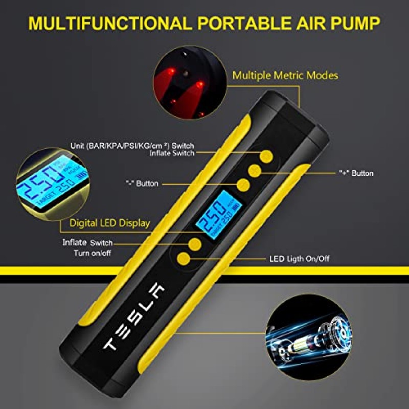 Tesla 휴대용 Tesla 모델 3/Y/S/X 액세서리용 KIKIMO 타이어 팽창기 공기 압축기, 디지털 압력 게이지가 있는 12V 무선, TESLA용 LED 조명이 있는 150psi 공기 펌프, 자전거
