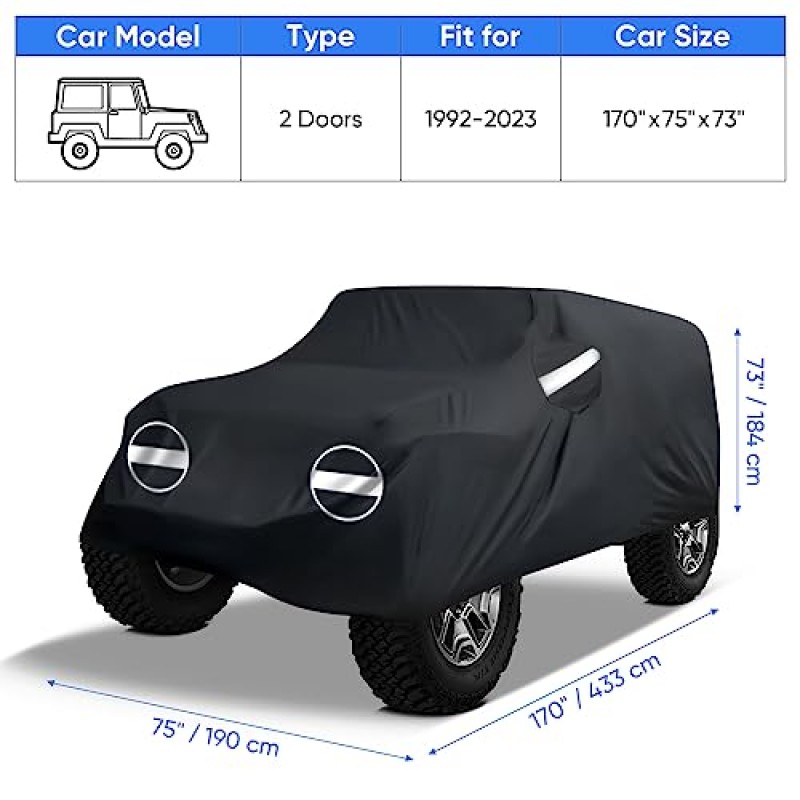 지프 랭글러 커버 방수 2 도어 자동차 커버, 전천후 보호 지프 랭글러 2용 태양 비 보호 JK JL 1992-2023 실외 커버에 적합 블랙