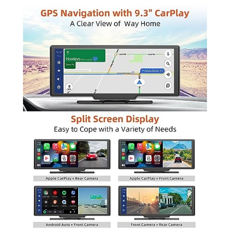 cogamichi 휴대용 Carplay 화면 및 Android Auto, 2.5K 대시 캠 및 1080P 백업 카메라가 포함된 Apple Carplay 대시 마운트의 자동차 플러그용 9.3인치 HD IPS 2.5D 곡선 무선 Carplay 터치 스크린