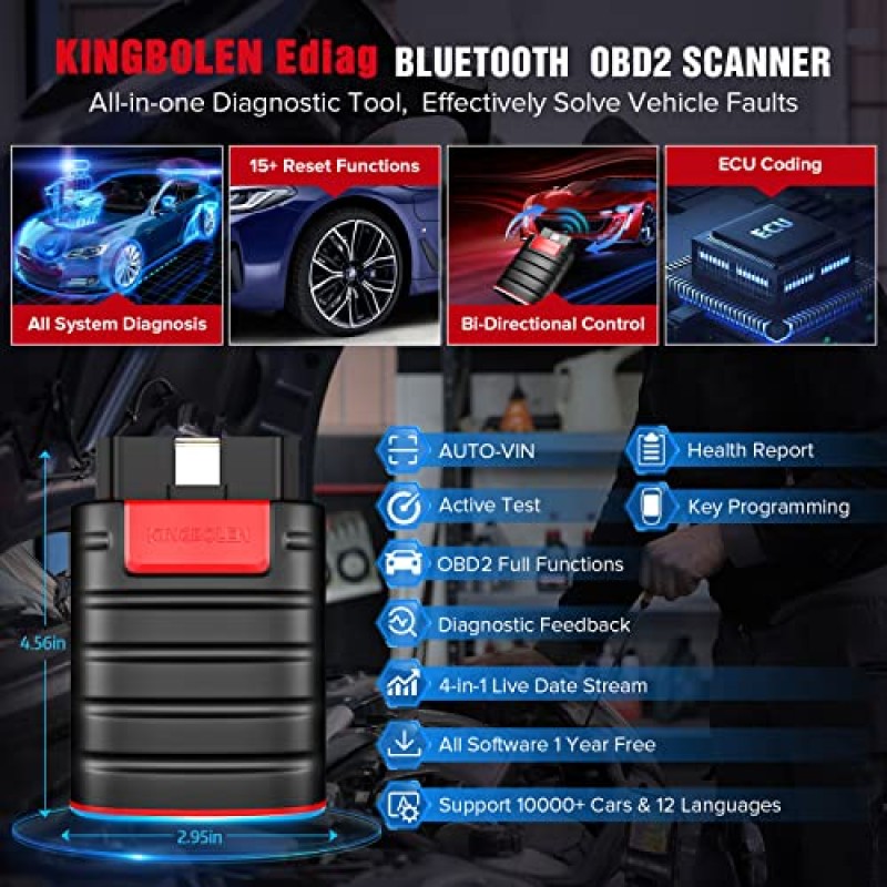 KINGBOLEN Ediag 모든 시스템 Obd2 스캐너 Bluetooth, ECU 코딩, 활성 테스트, 15개 이상의 재설정 기능, iPhone 및 Android용 TPMS 재설정, 모든 소프트웨어 1년 무료를 갖춘 양방향 OBDII 진단 도구