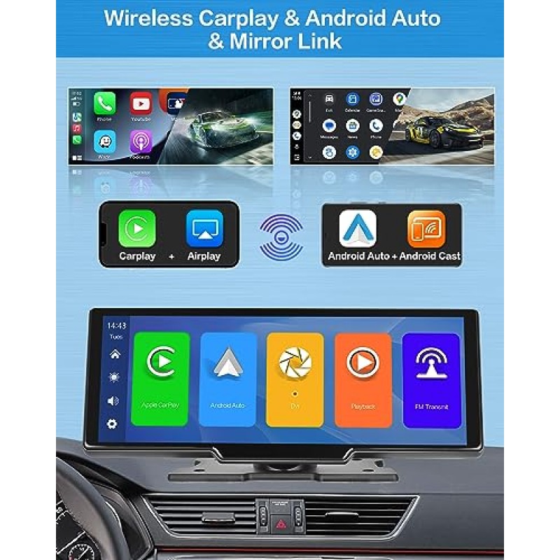 무선 Carplay Android 자동 휴대용 자동차 스테레오, 10.26인치 HD 자동차 재생 화면 대시 캠, 1080P 백업 캠, 64G TF 카드, 루프 녹음, Airplay, GPS Navi, Bluetooth, FM 송신기, AUX