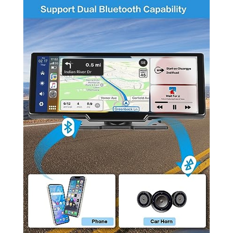 무선 Carplay Android 자동 휴대용 자동차 스테레오, 10.26인치 HD 자동차 재생 화면 대시 캠, 1080P 백업 캠, 64G TF 카드, 루프 녹음, Airplay, GPS Navi, Bluetooth, FM 송신기, AUX