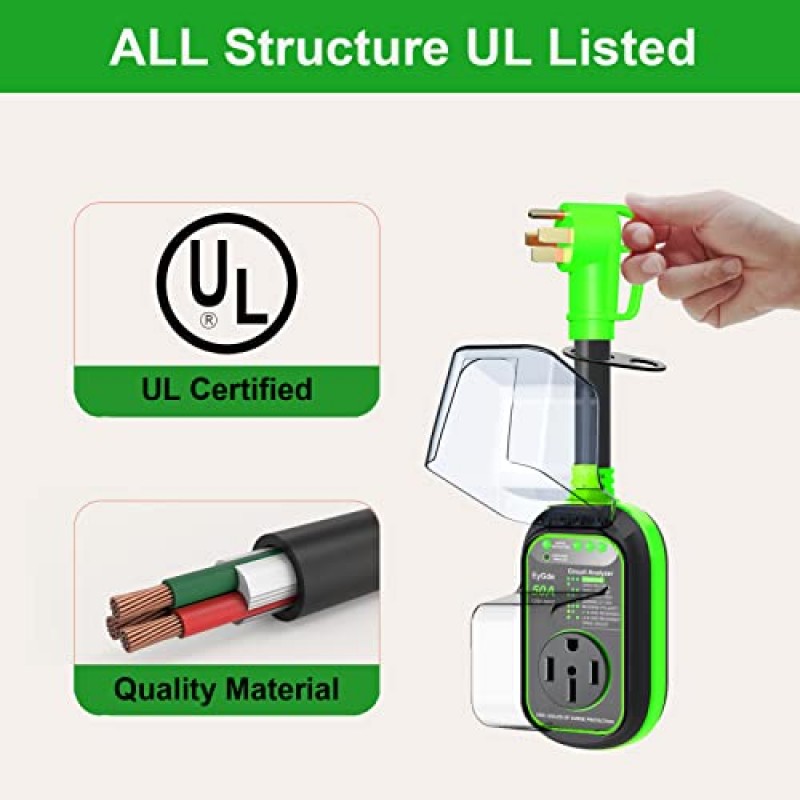 EyGde RV 서지 보호기 50Amp - UL 등록 - 방수 커버가 있는 50Amp RV 회로 분석기, 통합 서지 보호기 50A 캠핑카 여행 트레일러용 도난 방지 자동 재설정 가능 전원 가드