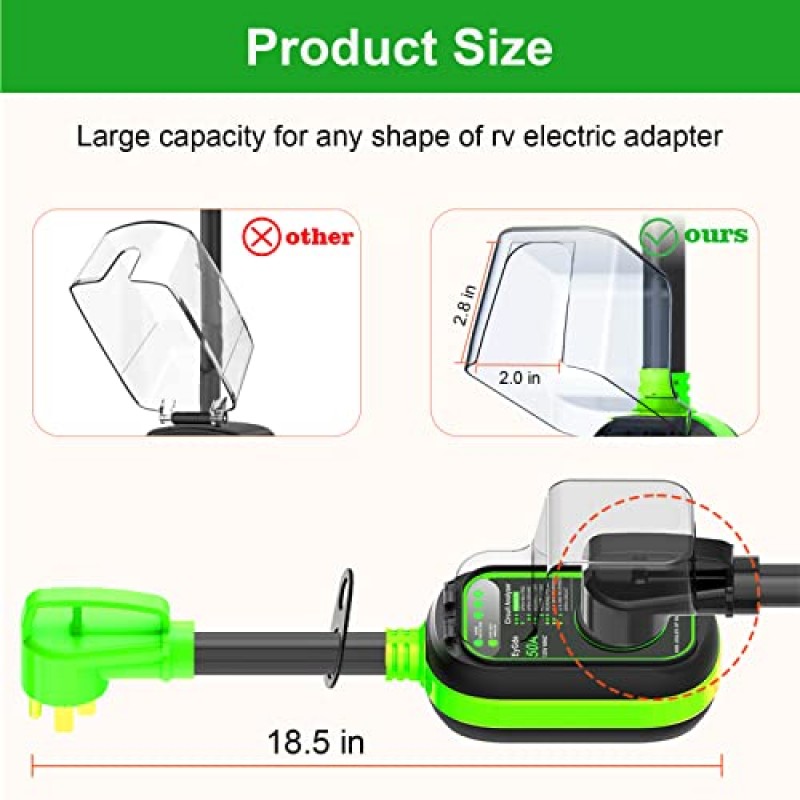 EyGde RV 서지 보호기 50Amp - UL 등록 - 방수 커버가 있는 50Amp RV 회로 분석기, 통합 서지 보호기 50A 캠핑카 여행 트레일러용 도난 방지 자동 재설정 가능 전원 가드