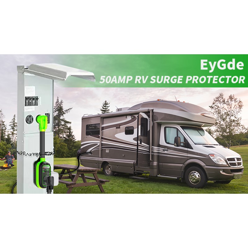 EyGde RV 서지 보호기 50Amp - UL 등록 - 방수 커버가 있는 50Amp RV 회로 분석기, 통합 서지 보호기 50A 캠핑카 여행 트레일러용 도난 방지 자동 재설정 가능 전원 가드