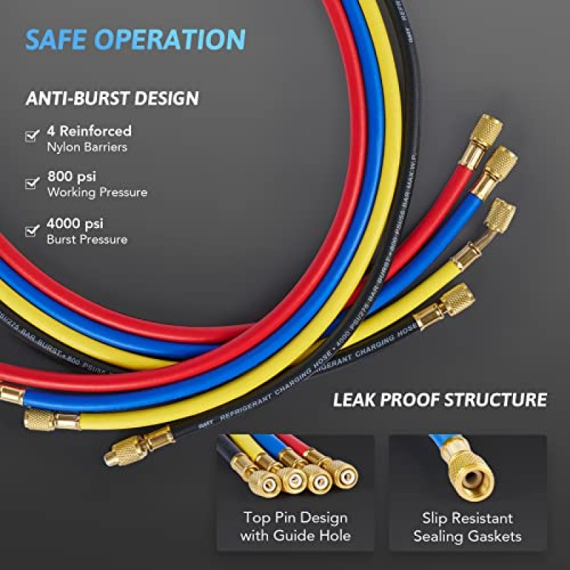 OMT R1234yf AC 매니폴드 게이지 세트, 호스가 있는 4방향 AC 게이지 R1234yf R134a 퀵 커플러 셀프 씰링은 프레온 충전용 탭 가능, R1234yf R134a R404a용 AC 재충전 키트, 4 Vlave 매니폴드 게이지 세트