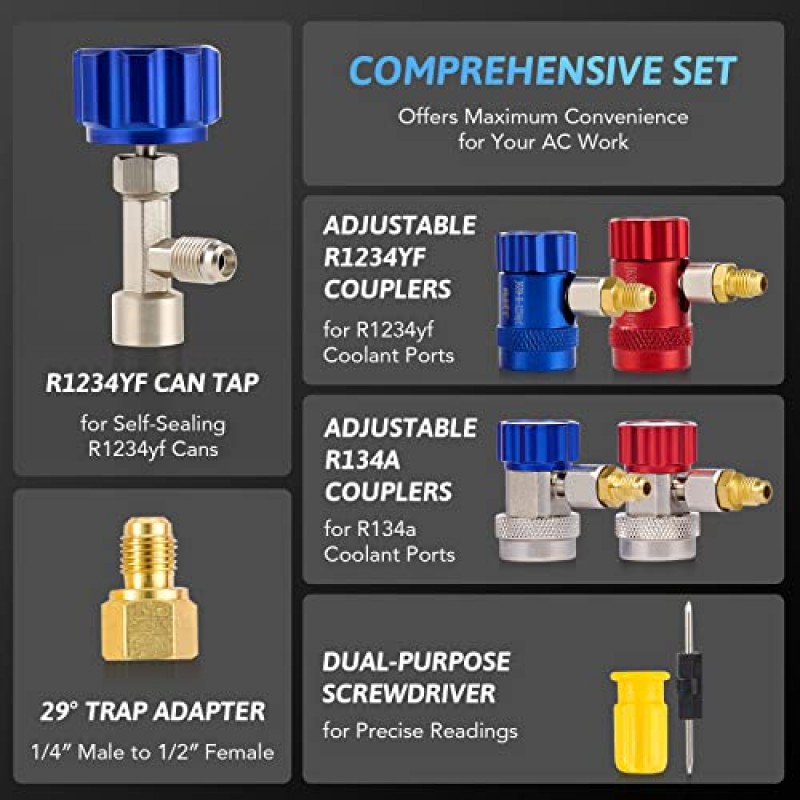 OMT R1234yf AC 매니폴드 게이지 세트, 호스가 있는 4방향 AC 게이지 R1234yf R134a 퀵 커플러 셀프 씰링은 프레온 충전용 탭 가능, R1234yf R134a R404a용 AC 재충전 키트, 4 Vlave 매니폴드 게이지 세트