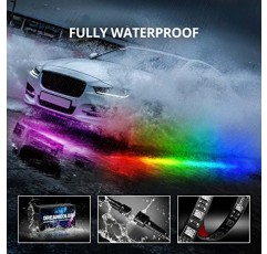 OPT7 Aura Dreamcolor 언더글로우 체이싱 라이트 키트(무선 리모컨 포함), 유연한 차체 하부 RGB-IC LED 조명 스트립 4개, 자동차 트럭 RV용 외부 네온 액센트 하부 조명, 멀티 컬러 모드, 12V