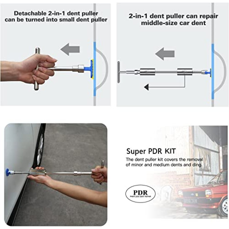 슈퍼 PDR 93PCS 페인트가 없는 덴트 수리 키트, 자동차 덴트 제거 도구, 덴트 리프터가 포함된 덴트 풀러 키트, 브리지 풀러, 자동차 바디 덴트용 슬라이드 해머 T-바, 키트에는 접착제 제거 도구 포함