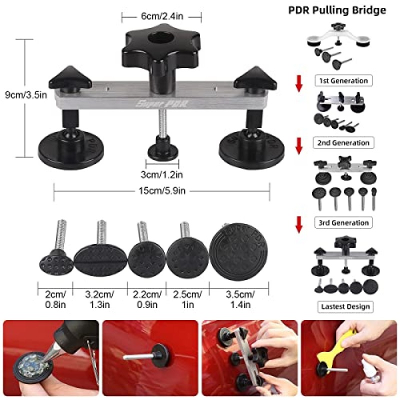 슈퍼 PDR 93PCS 페인트가 없는 덴트 수리 키트, 자동차 덴트 제거 도구, 덴트 리프터가 포함된 덴트 풀러 키트, 브리지 풀러, 자동차 바디 덴트용 슬라이드 해머 T-바, 키트에는 접착제 제거 도구 포함