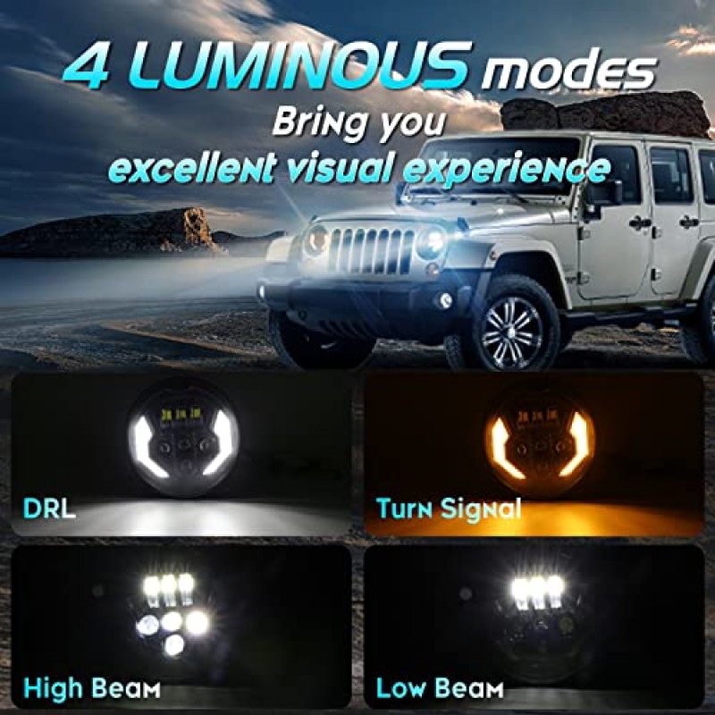 Sinoparcel 7인치 원형 LED 헤드라이트, 20000LM/세트 1000% 더 밝고 눈부심 방지, H6024 6024 등 Jeep Wrangler용 TJ JK JKU, DRL 및 방향 지시등 포함, Hi/Lo 밀봉 빔(H4-H13 어댑터 포함), 2개 팩