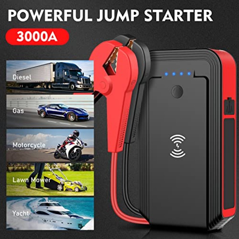 무선 충전기와 12V 점프 스타터 배터리 팩 3000A 리튬 휴대용 20000mAh 스타터 점퍼 전원 은행 케이블 키트 자동차 트럭 오토바이 보트 SUV