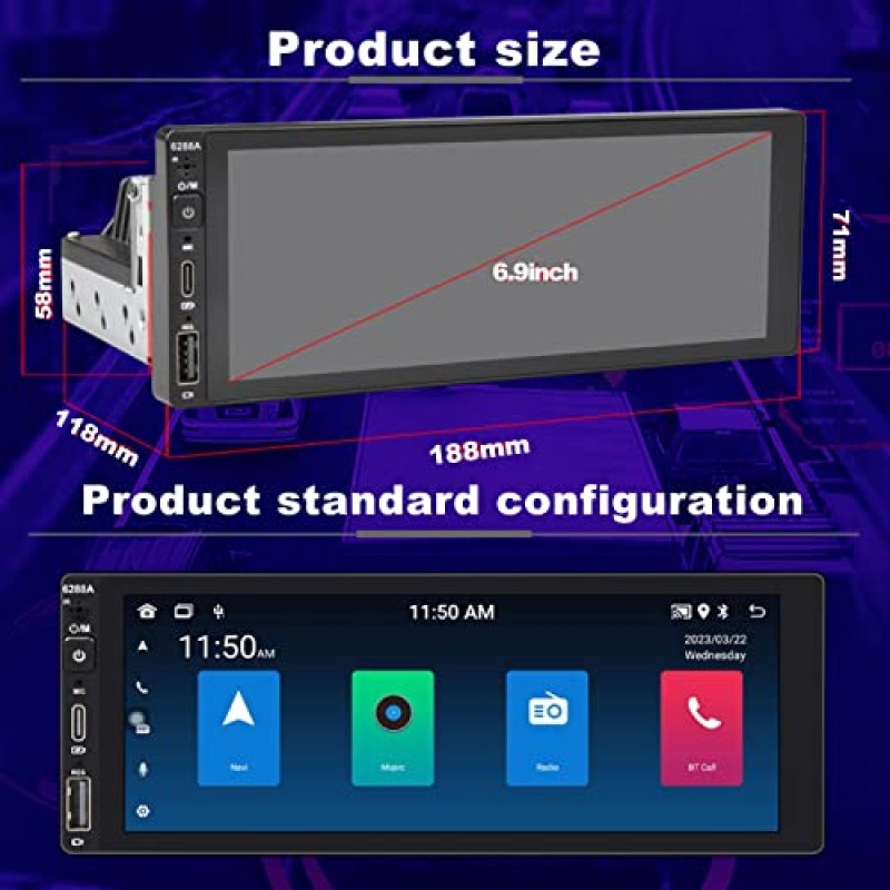 6.9인치 단일 Din 터치스크린 차량용 스테레오, 2GB+32GB 2Type-C&USB 고속 충전 단일 Din 무선 Apple Carplay Android Auto,1080P HD GPS 네비게이션 핸즈프리 WiFi, 미러 링크/SWC/FM/AM,Bluetooth5.1