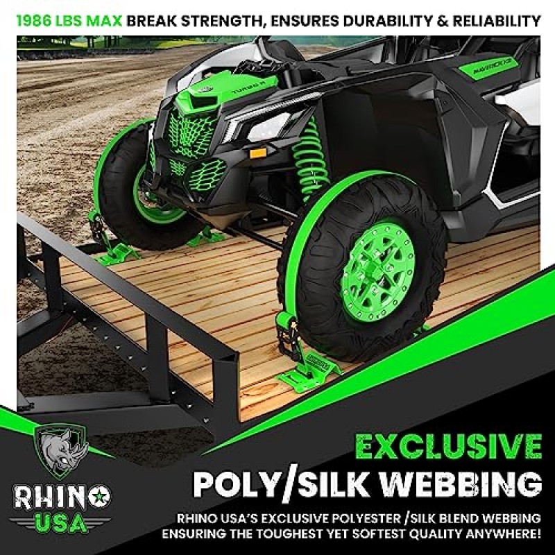 Rhino USA 휠 초크 타이다운 키트(1,986lb 파손 강도) ATV, UTV, 잔디 깍는 기계 등을 위한 최고의 헤비듀티 트레일러 타이어 스트랩 시스템 - 4륜차용 E 트랙이 있는 래칫 타이다운 액세서리