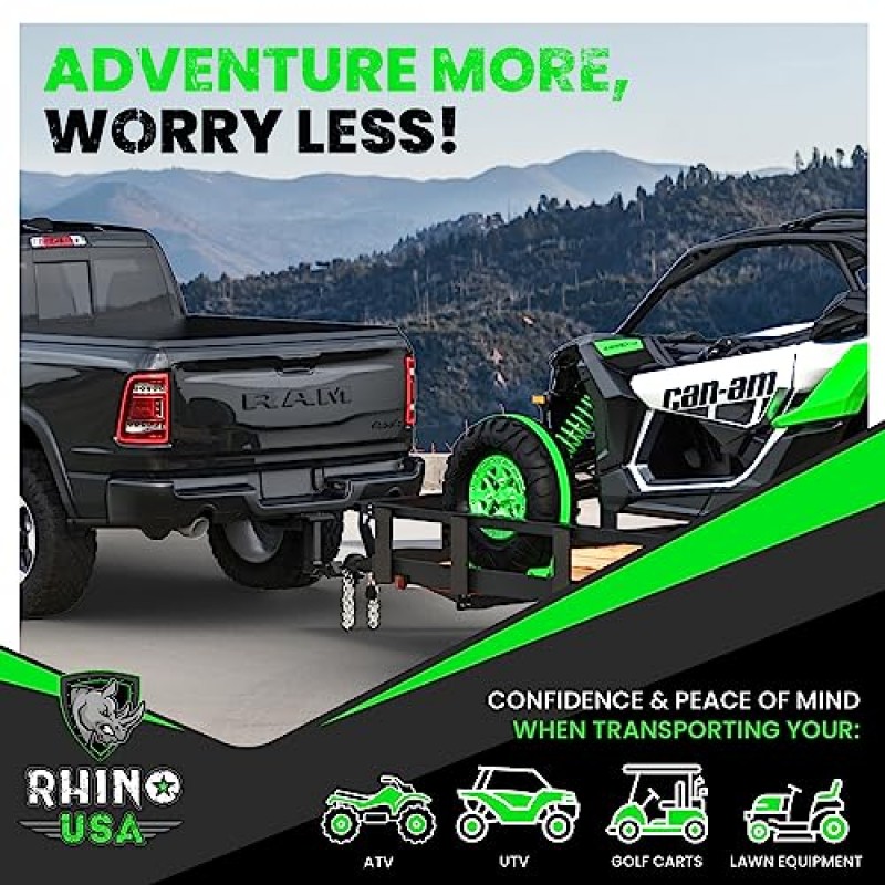 Rhino USA 휠 초크 타이다운 키트(1,986lb 파손 강도) ATV, UTV, 잔디 깍는 기계 등을 위한 최고의 헤비듀티 트레일러 타이어 스트랩 시스템 - 4륜차용 E 트랙이 있는 래칫 타이다운 액세서리