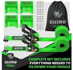 Rhino USA 휠 초크 타이다운 키트(1,986lb 파손 강도) ATV, UTV, 잔디 깍는 기계 등을 위한 최고의 헤비듀티 트레일러 타이어 스트랩 시스템 - 4륜차용 E 트랙이 있는 래칫 타이다운 액세서리