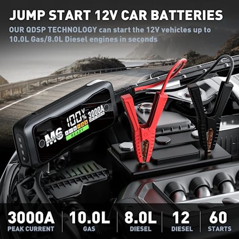 MOSTOOL M6 3000A 피크 자동차 배터리 점프 스타터 배터리 팩, 휴대용 점퍼 박스, 배터리 부스터 시작, 10.0L 가스 및 8.0L 디젤 엔진용 12V 자동차 배터리 충전기 및 점퍼 케이블