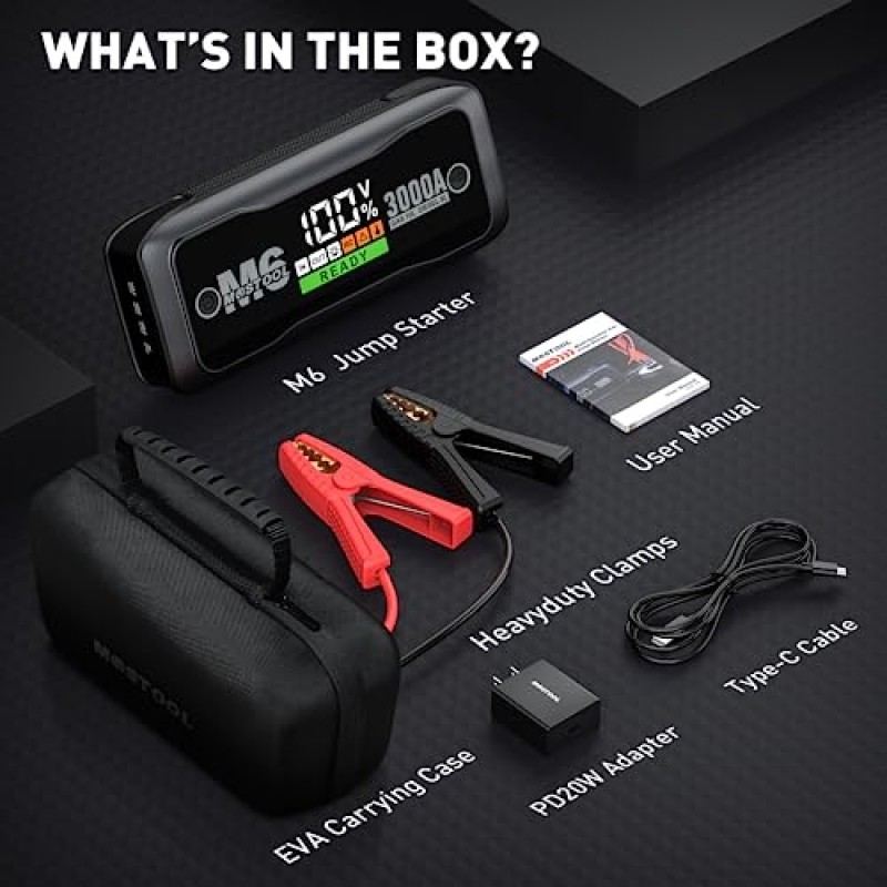 MOSTOOL M6 3000A 피크 자동차 배터리 점프 스타터 배터리 팩, 휴대용 점퍼 박스, 배터리 부스터 시작, 10.0L 가스 및 8.0L 디젤 엔진용 12V 자동차 배터리 충전기 및 점퍼 케이블