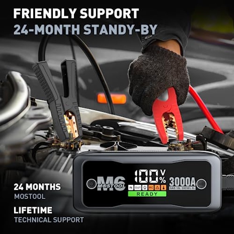 MOSTOOL M6 3000A 피크 자동차 배터리 점프 스타터 배터리 팩, 휴대용 점퍼 박스, 배터리 부스터 시작, 10.0L 가스 및 8.0L 디젤 엔진용 12V 자동차 배터리 충전기 및 점퍼 케이블