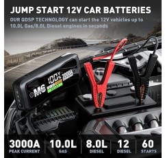 MOSTOOL M6 3000A 피크 자동차 배터리 점프 스타터 배터리 팩, 휴대용 점퍼 박스, 배터리 부스터 시작, 10.0L 가스 및 8.0L 디젤 엔진용 12V 자동차 배터리 충전기 및 점퍼 케이블