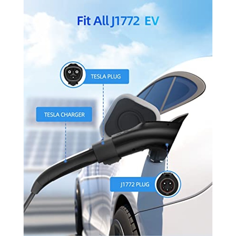 ShockFlo J1772 EVs 어댑터, Tesla-J1772 어댑터, 모든 J1772 EV에 적합, 최대 48A 250V, 낙하 방지 잠금 장치 포함, Tesla 대상 충전기 모바일 커넥터 벽면 커넥터…