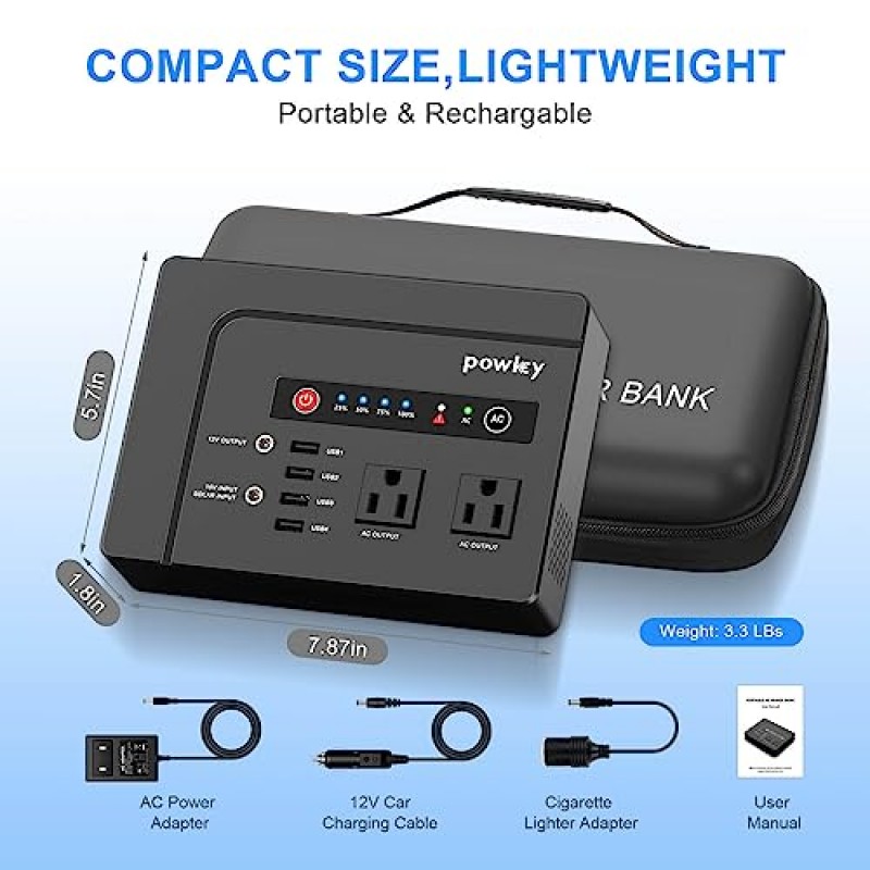 Powkey 휴대용 발전소 200W, 146Wh DC USB AC 콘센트가 있는 휴대용 태양열 발전기 배터리 팩, 캠핑 여행 RV 야외 가정 비상 정전을 위한 42000mAh 리튬 배터리 백업 전원 공급 장치