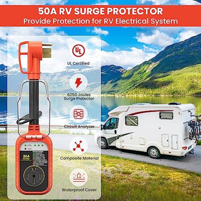 RV 서지 보호기 50Amp 방수, 여행용 트레일러용 캠핑카 액세서리 RV 전기 감시견 6250줄 RV 회로 분석기 RV 어댑터 전원 모니터 서지 가드 50Amp, UL 인증