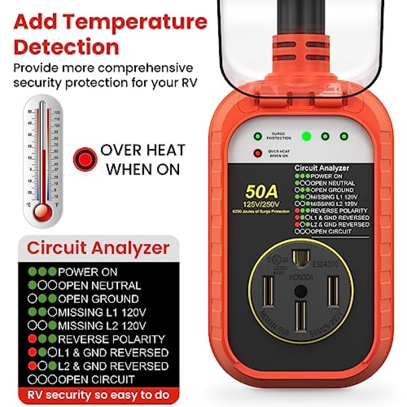 RV 서지 보호기 50Amp 방수, 여행용 트레일러용 캠핑카 액세서리 RV 전기 감시견 6250줄 RV 회로 분석기 RV 어댑터 전원 모니터 서지 가드 50Amp, UL 인증