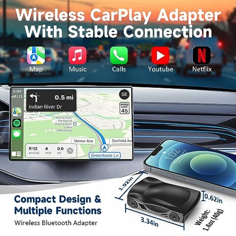 IOS 안드로이드용 무선 CarPlay 어댑터, CarPlay 및 Android 자동 2-in-1 박스 지원, Netflix/YouTube/Play 스토어, 미러 링크, 5GHz WiFi 블루투스, TF 카드