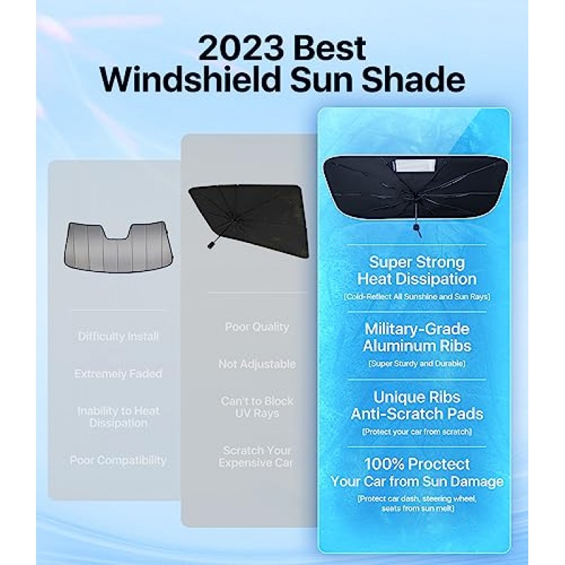 (2023 업그레이드) andobil Tesla Windshield Sun Shade Umbrella [초단열 보호] Sun Visor Protector, 2016-2023 Tesla Model 3/Y 액세서리용 개폐식 전면 창 차양 커버