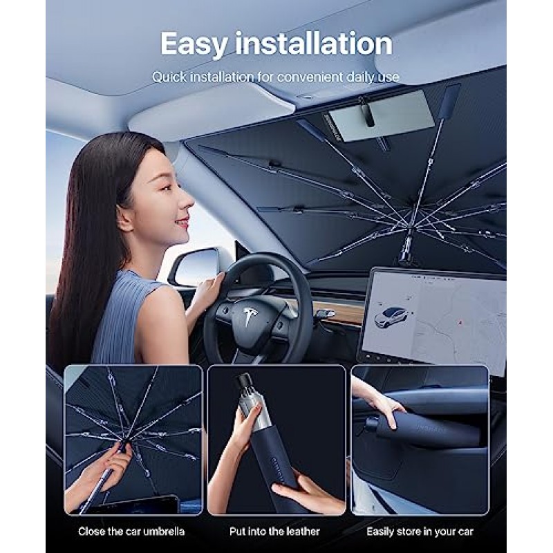 (2023 업그레이드) andobil Tesla Windshield Sun Shade Umbrella [초단열 보호] Sun Visor Protector, 2016-2023 Tesla Model 3/Y 액세서리용 개폐식 전면 창 차양 커버