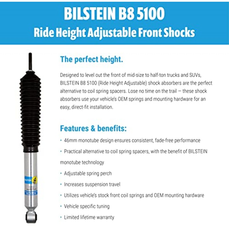 Bilstein 5100 시리즈 2017-2022 Ford F250 F350 Super Duty 전면 및 후면 충격 흡수 장치 세트(2-2.5인치 전면 리프트 및 0-1인치 후면 리프트 포함) | TrendsAuto 데칼 포함 | 24-274951 24-274968