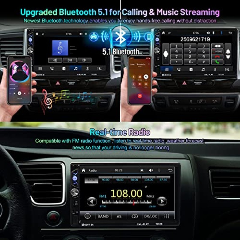 Apple Carplay 및 Android Auto가 포함된 ACTASIAN 더블 딘 자동차 스테레오, 백업 카메라, 블루투스, 미러 링크, FM/MP3/USB/TF/SWC/서브우퍼, 보조 입력이 포함된 7인치 터치스크린 자동차 라디오