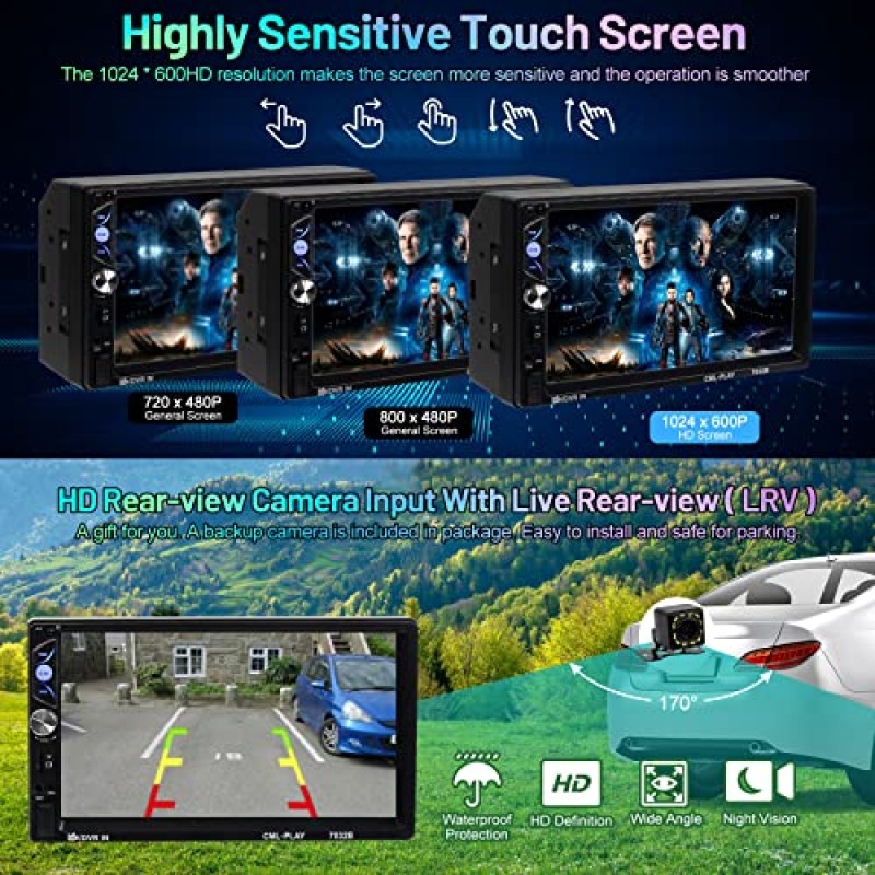 Apple Carplay 및 Android Auto가 포함된 ACTASIAN 더블 딘 자동차 스테레오, 백업 카메라, 블루투스, 미러 링크, FM/MP3/USB/TF/SWC/서브우퍼, 보조 입력이 포함된 7인치 터치스크린 자동차 라디오