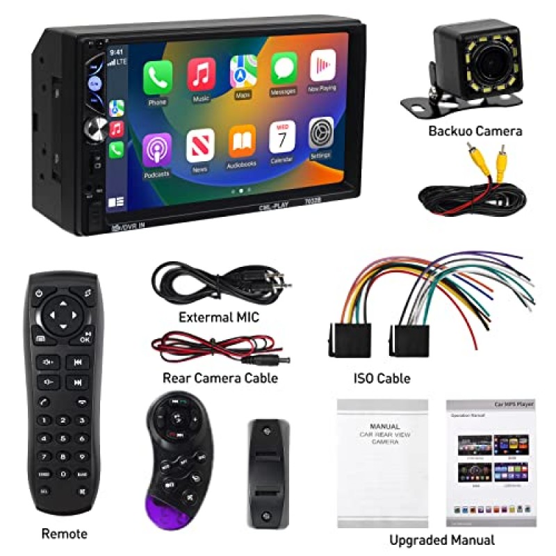 Apple Carplay 및 Android Auto가 포함된 ACTASIAN 더블 딘 자동차 스테레오, 백업 카메라, 블루투스, 미러 링크, FM/MP3/USB/TF/SWC/서브우퍼, 보조 입력이 포함된 7인치 터치스크린 자동차 라디오
