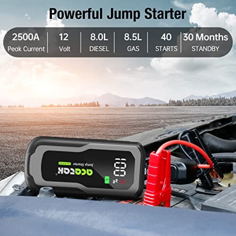 점프 스타터, 최대 8.5L 가스 또는 8L 디젤 엔진용 acetek 2500A 피크 12V 휴대용 리튬 배터리 점프 스타터, 30개월 초장기 대기, USB QC3.0이 포함된 안전한 74WH 점프 스타터 배터리 팩